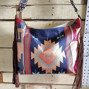 Aztec blue multicolor patterned Shoulder hobo Bag with tassel fringe canvas